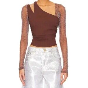 Free People Brown One-Shoulder Asymmetric Mesh Sleeve Top